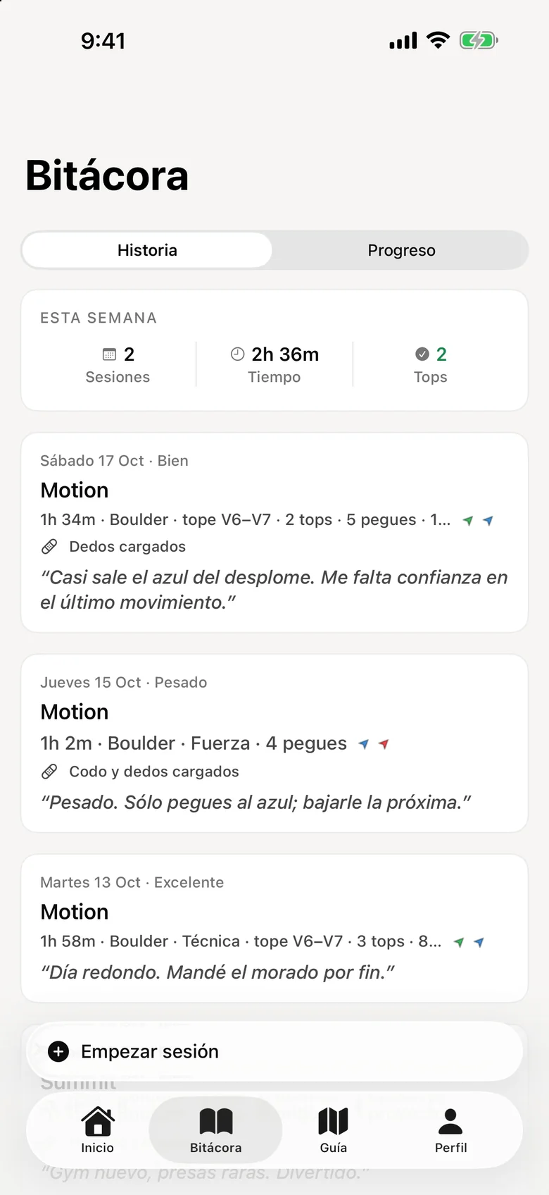 La Bitácora de Pegues con la semana y las sesiones