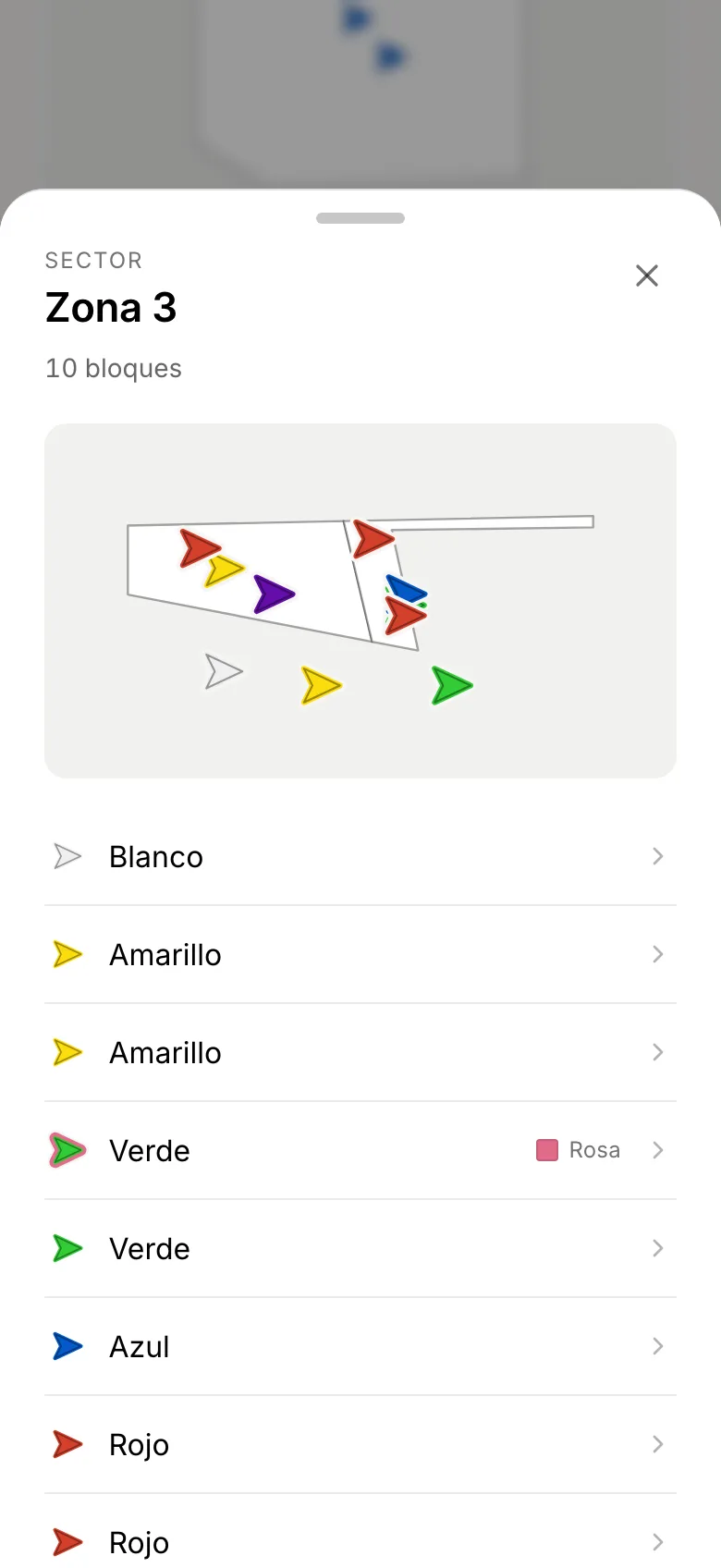 Un sector en la app de un gym: su plano y la lista de bloques por color